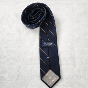 GIVENCHY Paris Men's‎ Vintage Silk Blend Navy Blue Yellow Striped Slim Tie